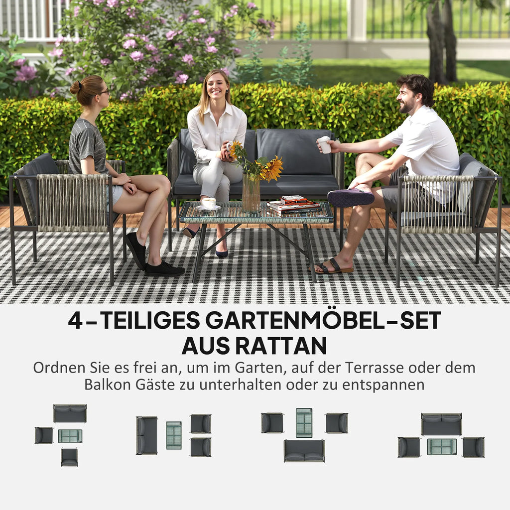 Lauko baldų komplektas 4 dalių, sofa, 2 foteliai ir stalas, pilkas