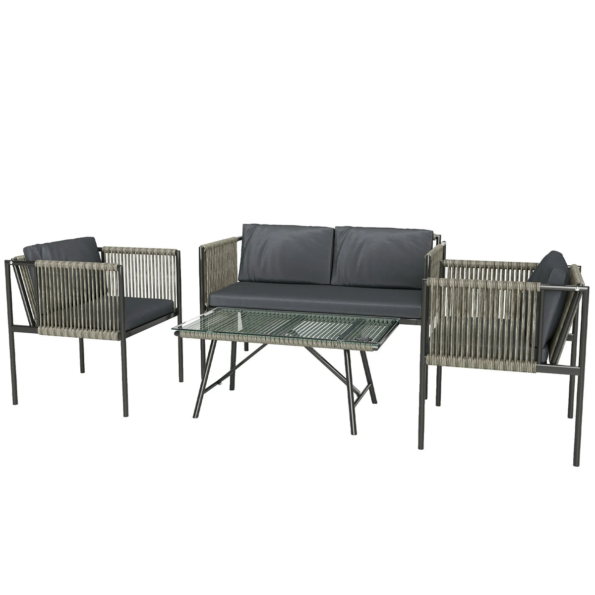 Lauko baldų komplektas 4 dalių, sofa, 2 foteliai ir stalas, pilkas