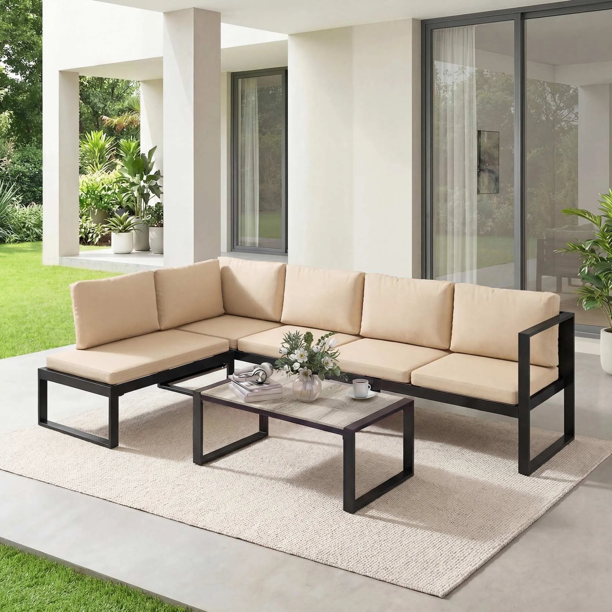 Lauko baldų komplektas, 4 dalių, su sofa, kėde ir staliuku, chaki spalvos