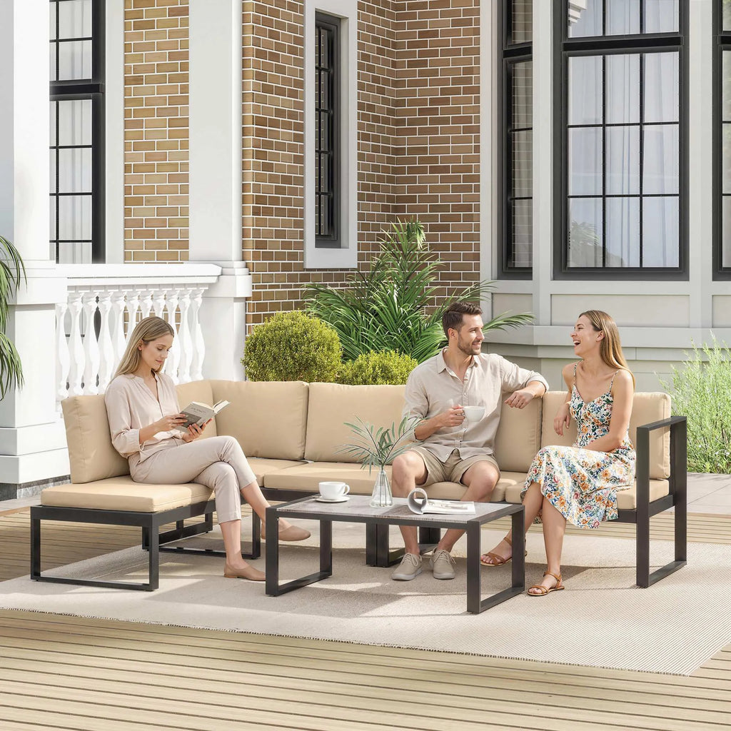 Lauko baldų komplektas, 4 dalių, su sofa, kėde ir staliuku, chaki spalvos