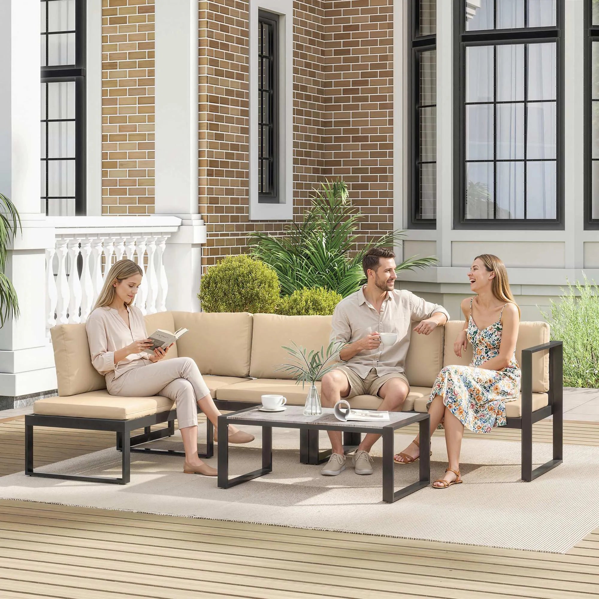 Lauko baldų komplektas, 4 dalių, su sofa, kėde ir staliuku, chaki spalvos