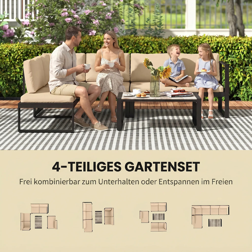 Lauko baldų komplektas, 4 dalių, su sofa, kėde ir staliuku, chaki spalvos