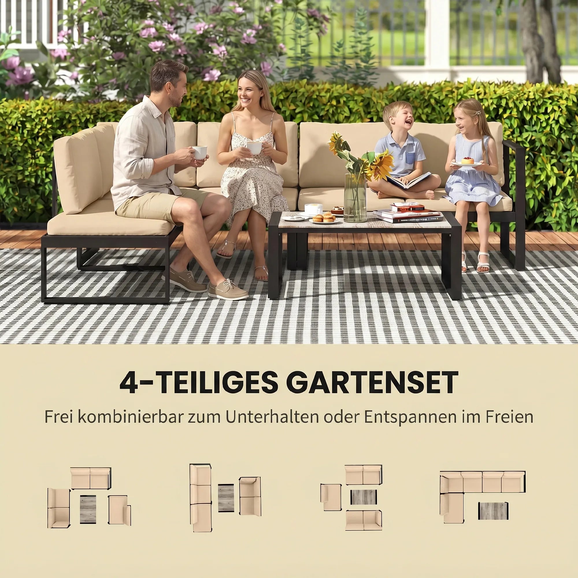 Lauko baldų komplektas, 4 dalių, su sofa, kėde ir staliuku, chaki spalvos