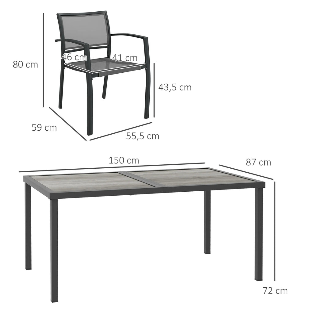 Lauko baldų komplektas, 6 kėdės ir stalas, 150x87 cm, pilkas