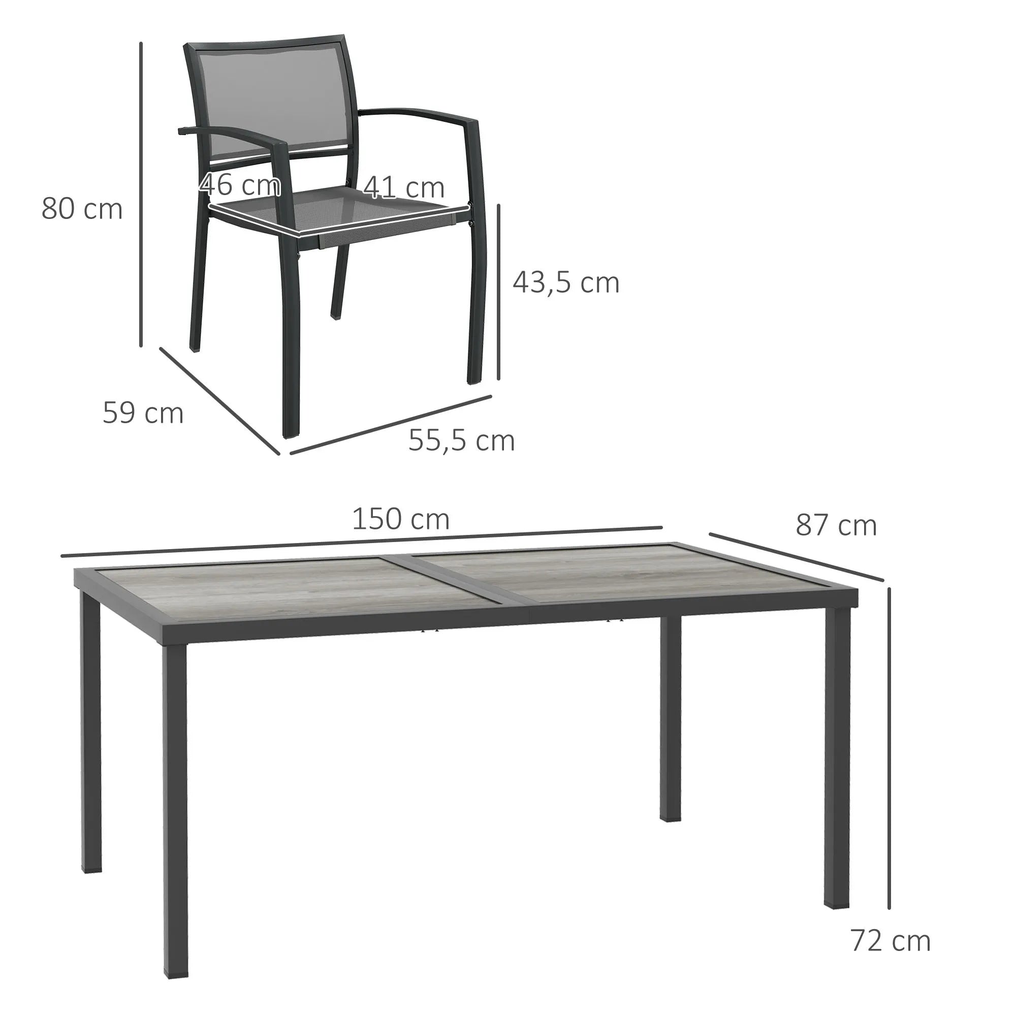 Lauko baldų komplektas, 6 kėdės ir stalas, 150x87 cm, pilkas