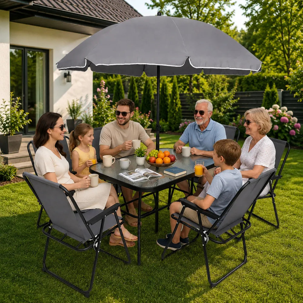 Lauko baldų komplektas, 7 dalys, stalas, 6 kėdės su skėčiu, pilkas