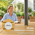 Skėčio angos 50 mm skersmuo pažymėtas prie stalo sėdinčios moters