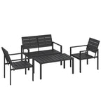 Juodas metalinis lauko baldų komplektas su sofa, dviem foteliais ir staliuku