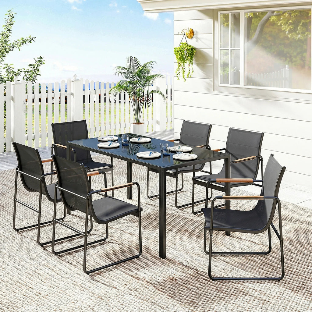 Lauko baldų komplektas plieninis 150x80 cm su 6 kėdėmis juodas