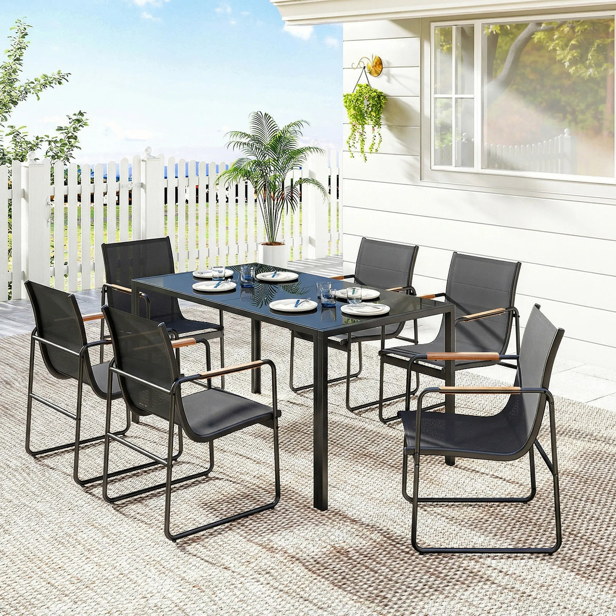 Lauko baldų komplektas plieninis 150x80 cm su 6 kėdėmis juodas