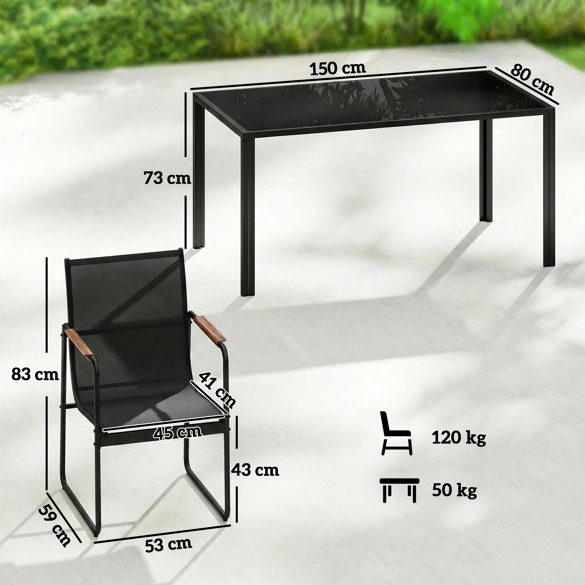 Lauko baldų komplektas plieninis 150x80 cm su 6 kėdėmis juodas