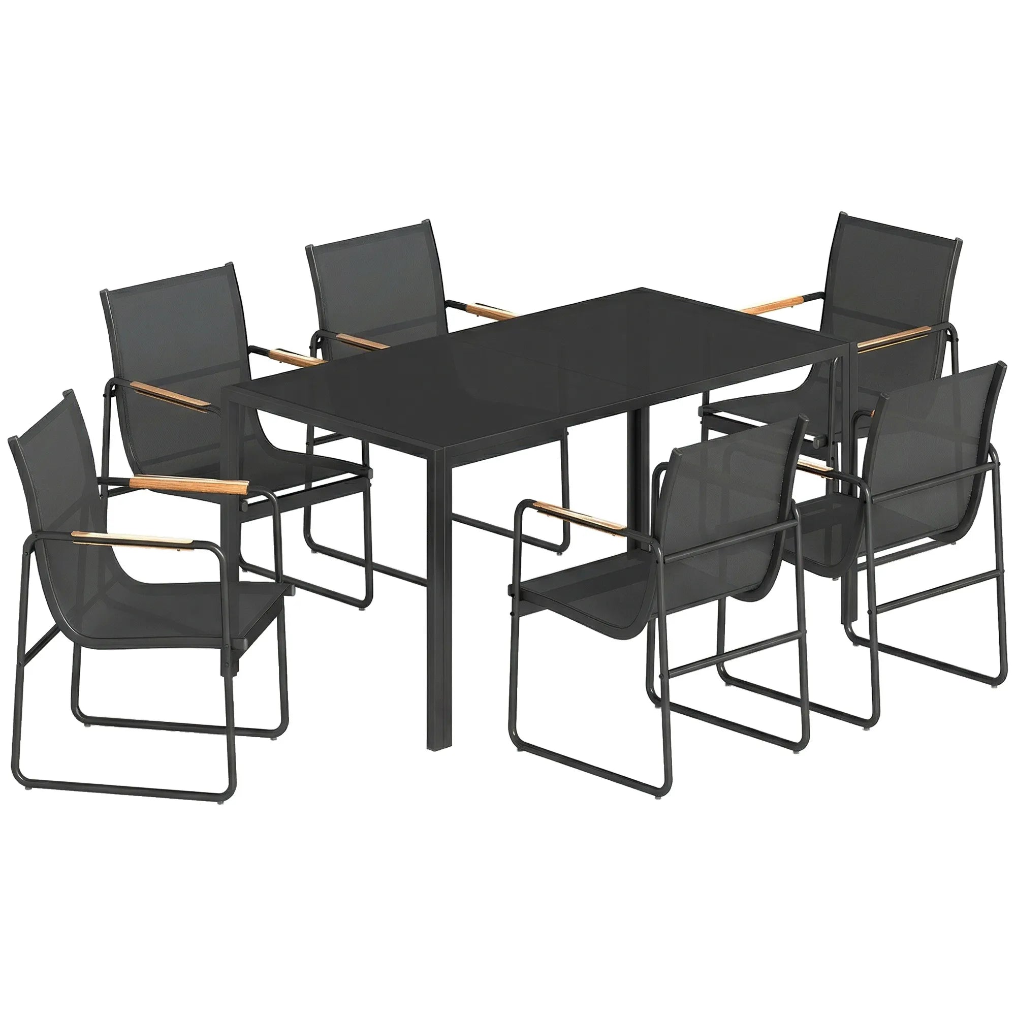 Lauko baldų komplektas plieninis 150x80 cm su 6 kėdėmis juodas