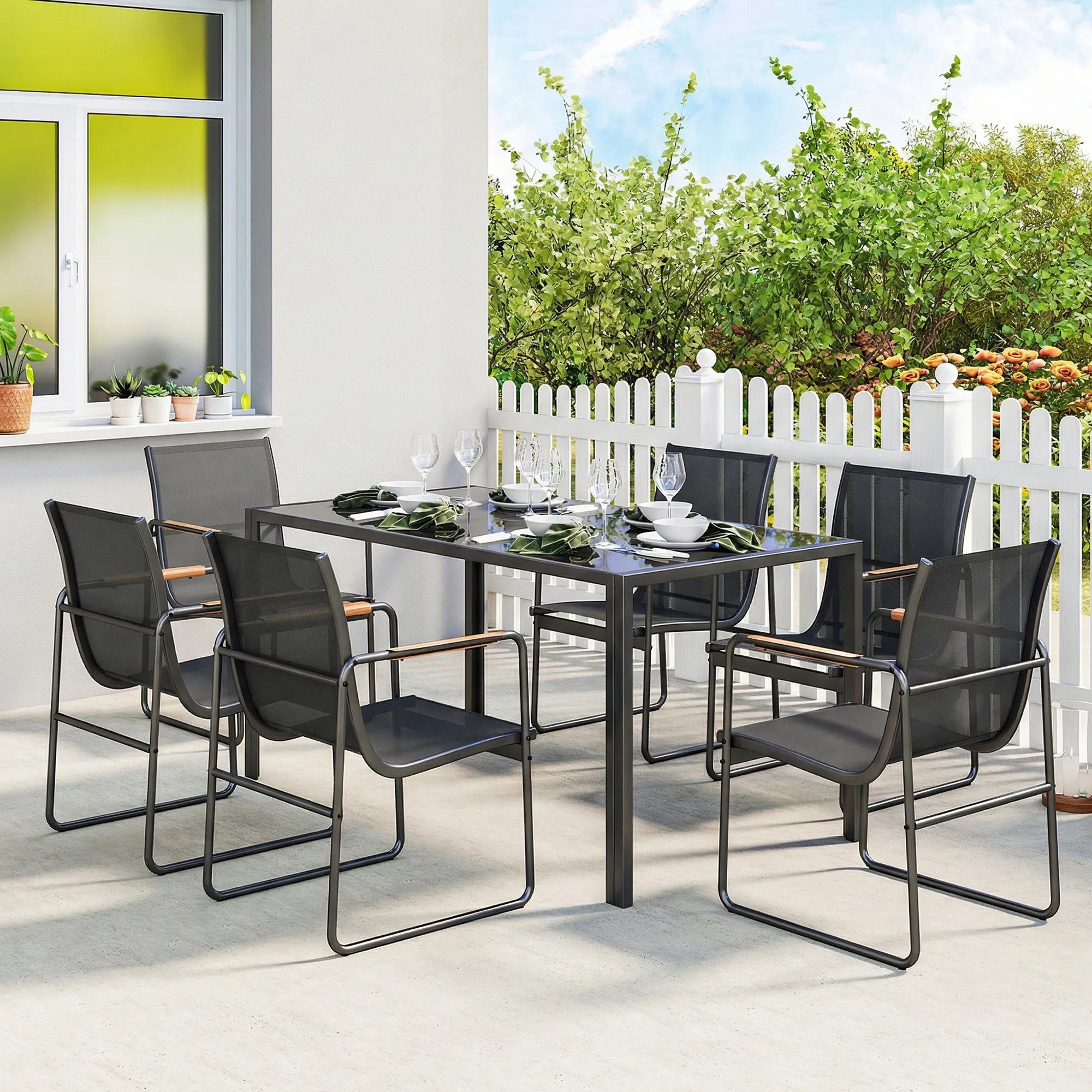 Lauko baldų komplektas plieninis 150x80 cm su 6 kėdėmis juodas