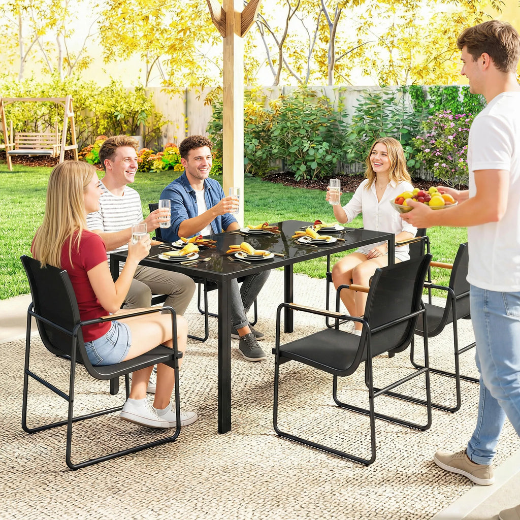 Lauko baldų komplektas plieninis 150x80 cm su 6 kėdėmis juodas