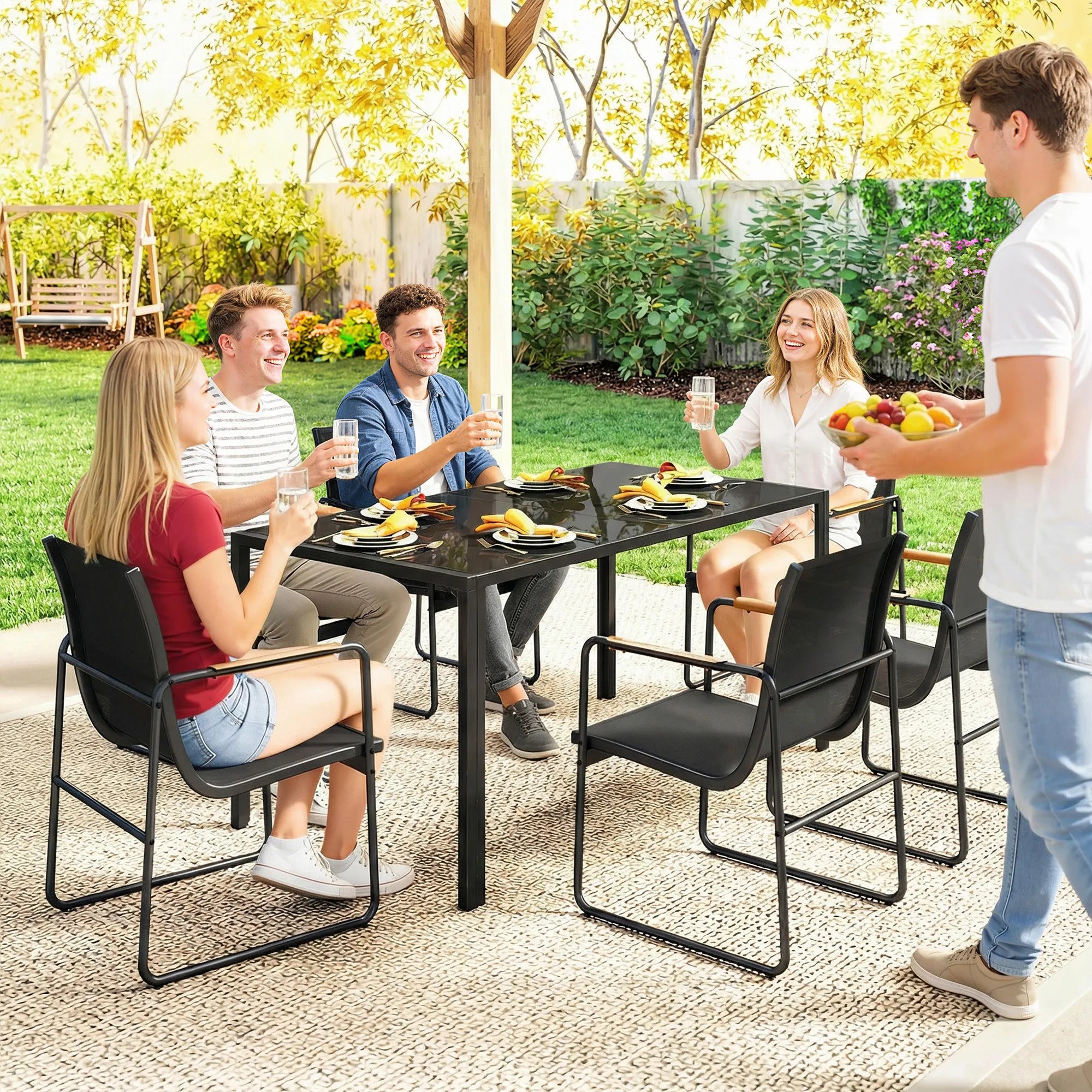 Lauko baldų komplektas plieninis 150x80 cm su 6 kėdėmis juodas