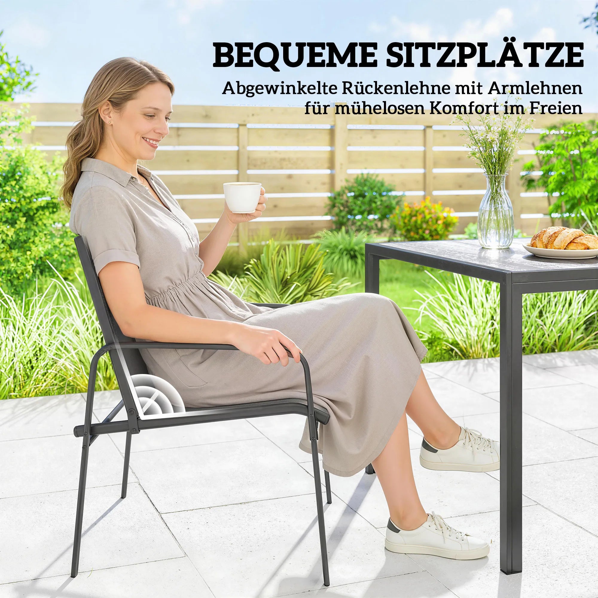 Lauko baldų komplektas plieninis stalas 150x80 cm su 6 kėdėmis juodas