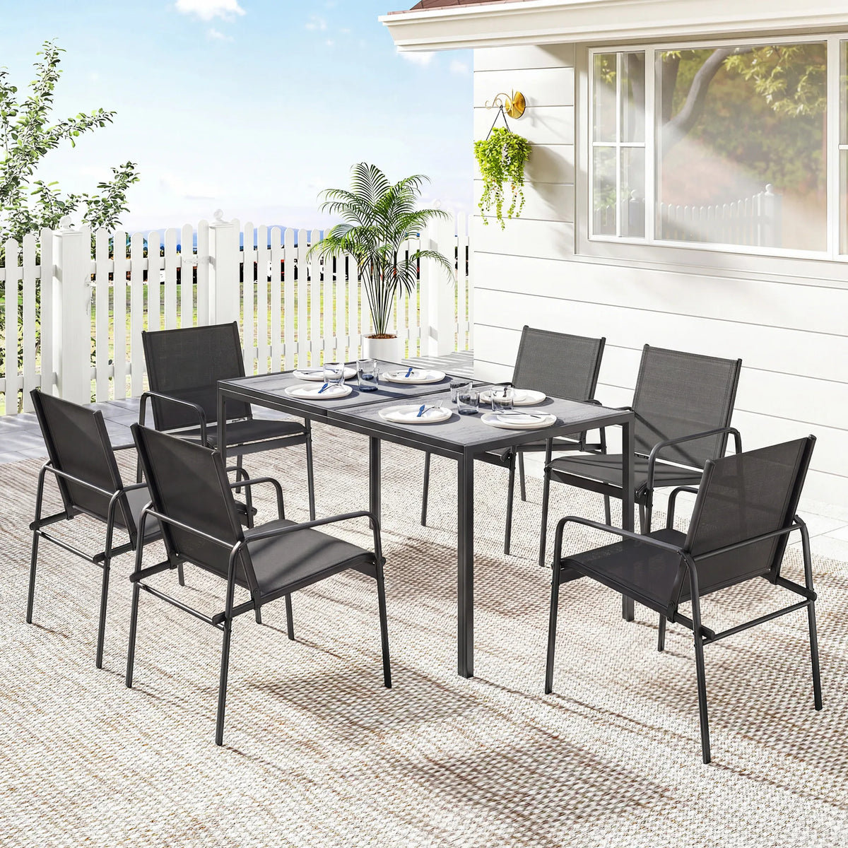 Lauko baldų komplektas plieninis stalas 150x80 cm su 6 kėdėmis juodas