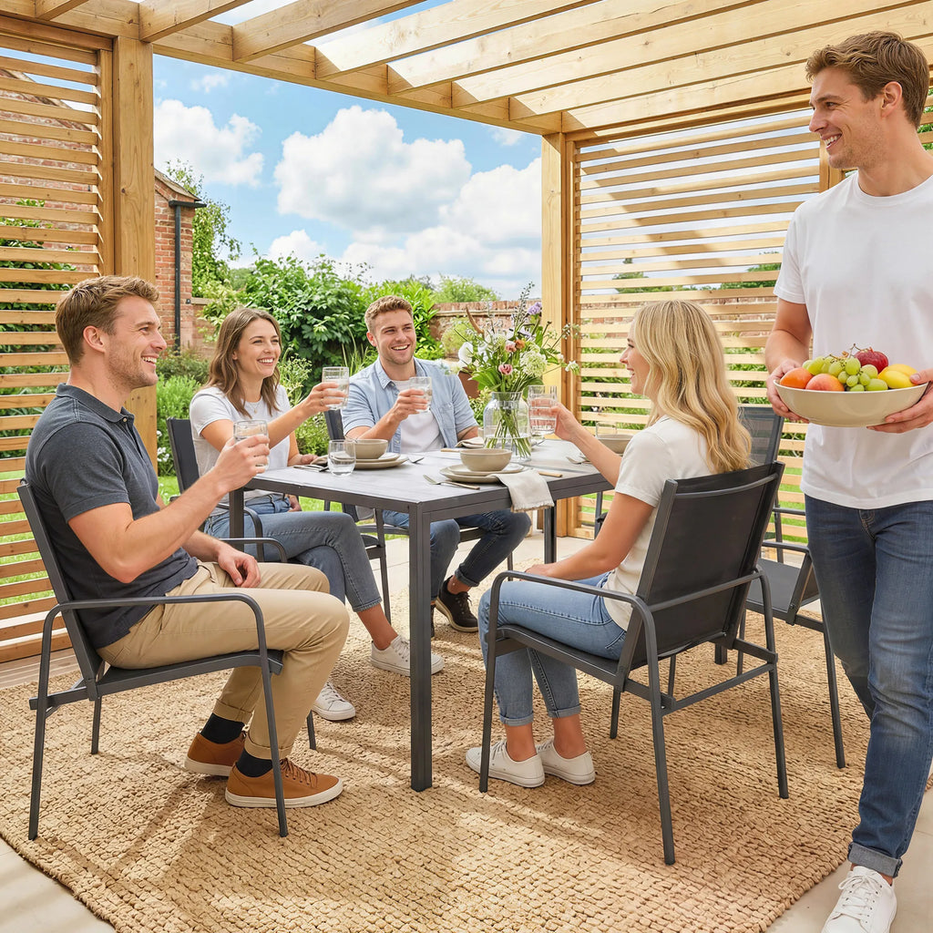Lauko baldų komplektas plieninis stalas 150x80 cm su 6 kėdėmis juodas