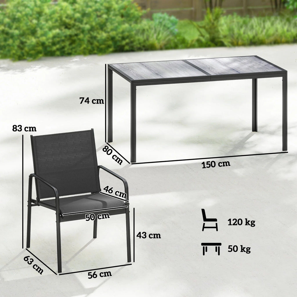 Lauko baldų komplektas plieninis stalas 150x80 cm su 6 kėdėmis juodas