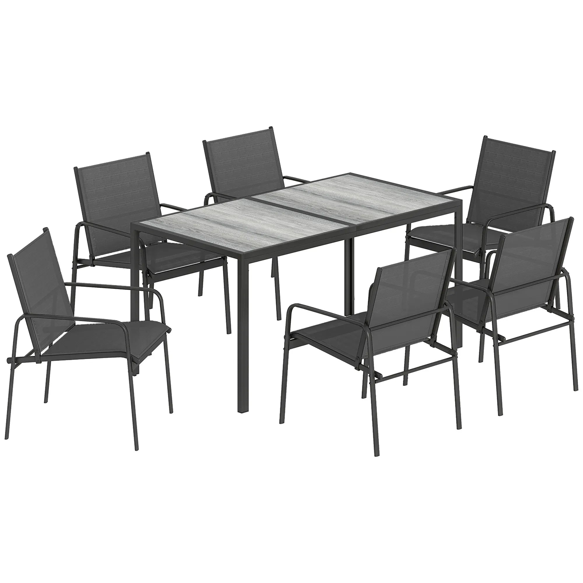 Lauko baldų komplektas plieninis stalas 150x80 cm su 6 kėdėmis juodas
