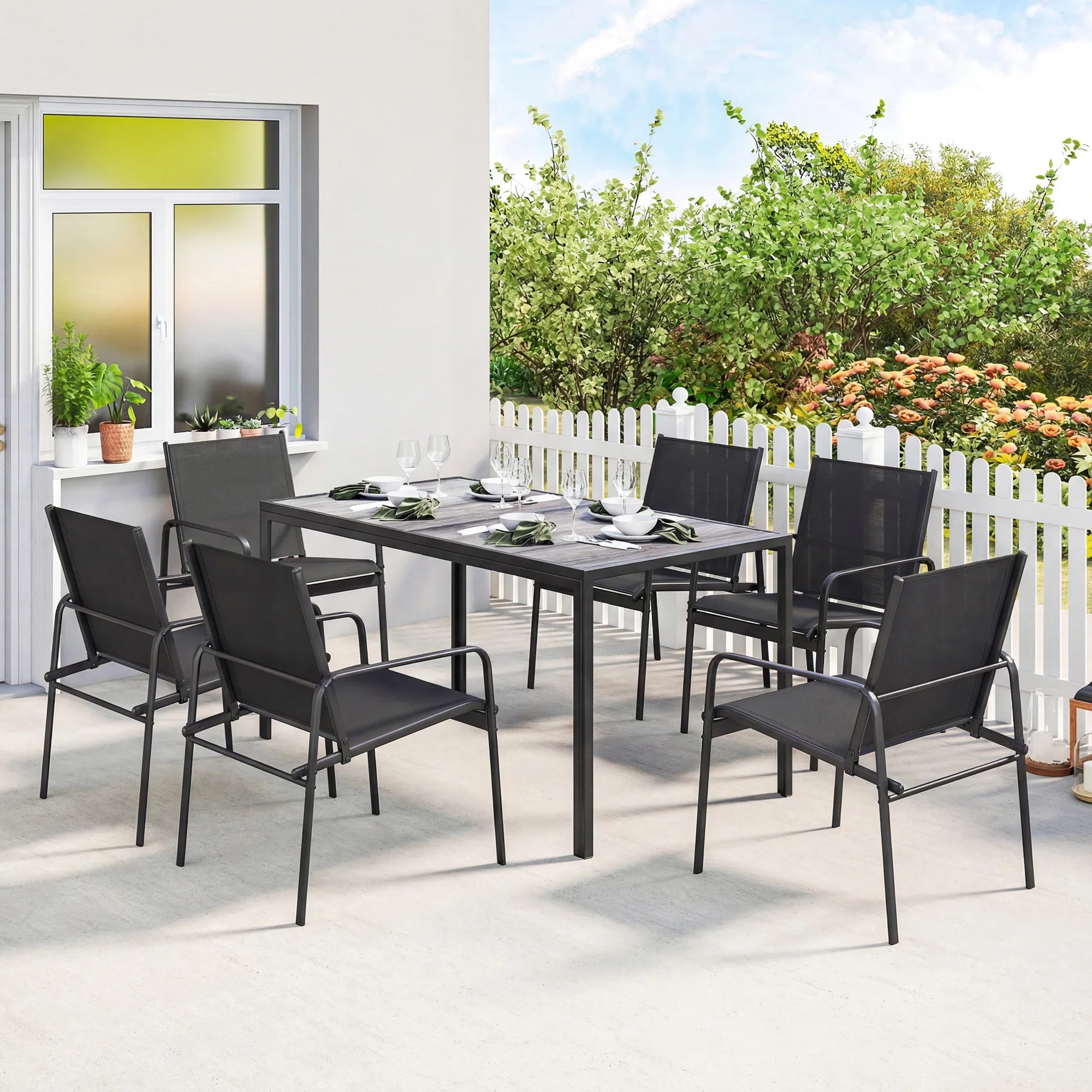Lauko baldų komplektas plieninis stalas 150x80 cm su 6 kėdėmis juodas