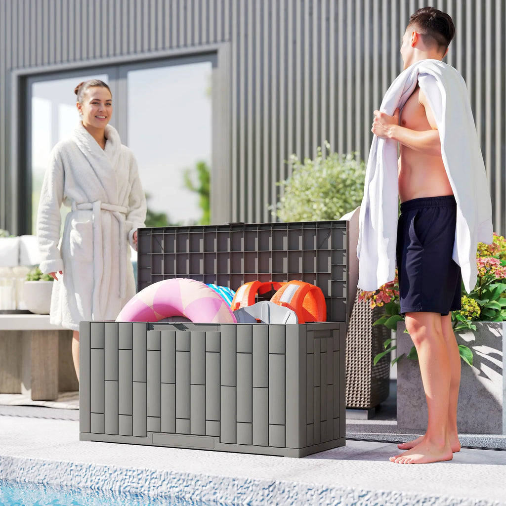 Lauko daiktadėžė 227 litrų plastikinė su medžio imitacija pilka 106,5x43x54,5cm