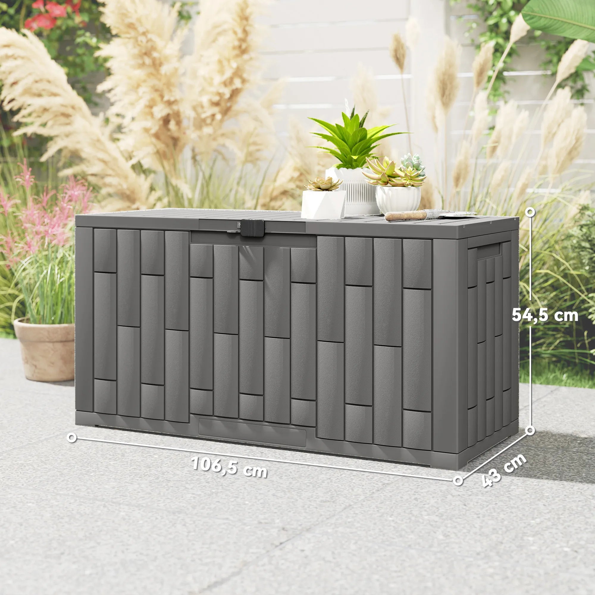 Lauko daiktadėžė 227 litrų plastikinė su medžio imitacija pilka 106,5x43x54,5cm