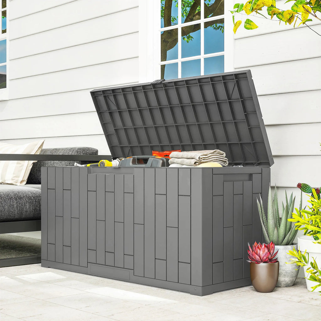 Lauko daiktadėžė 227 litrų plastikinė su medžio imitacija pilka 106,5x43x54,5cm