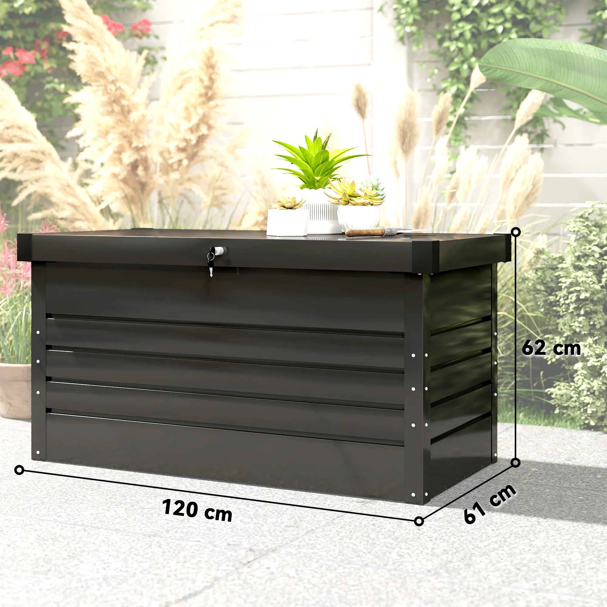 Lauko daiktadėžė 350 l, metalinė, rakinama, 120 x 61 x 62 cm, pilka