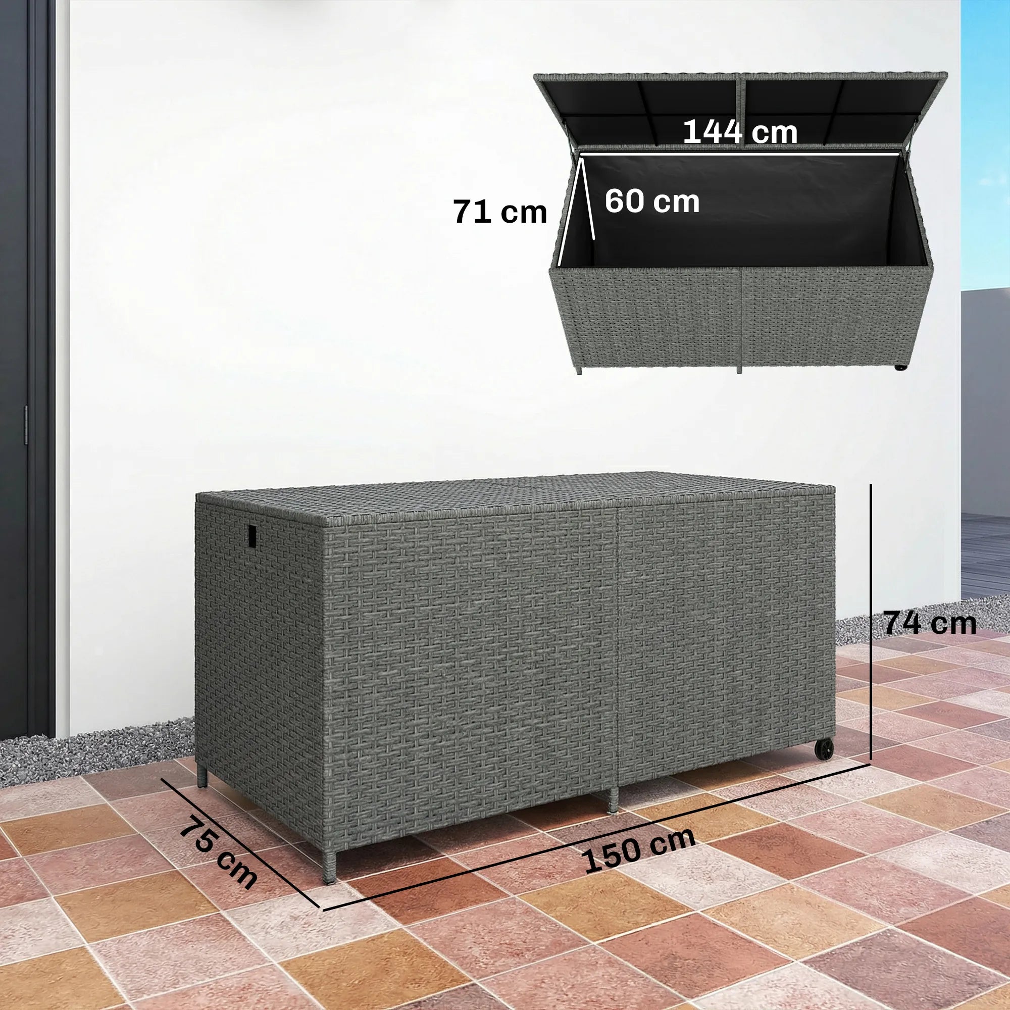 Lauko daiktadėžė 650L, suratukais amortizuojančiu dangčiu, 150x75x74 cm, tamsiai pilka