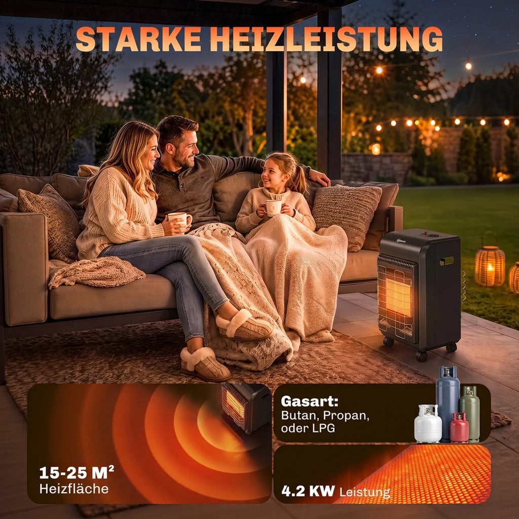 Lauko dujinis šildytuvas, 1,5–4,2 kW, su ratukais, 3 galios lygiai