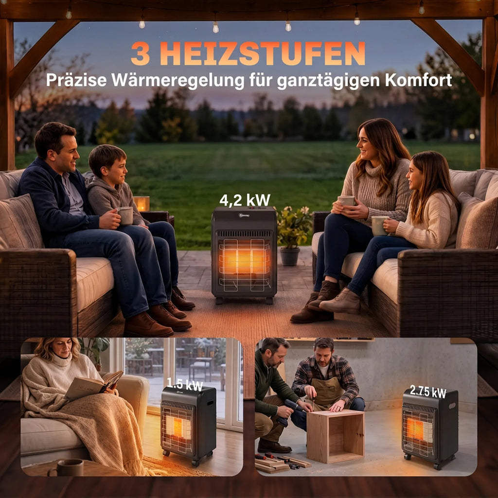 Lauko dujinis šildytuvas, 1,5–4,2 kW, su ratukais, 3 galios lygiai