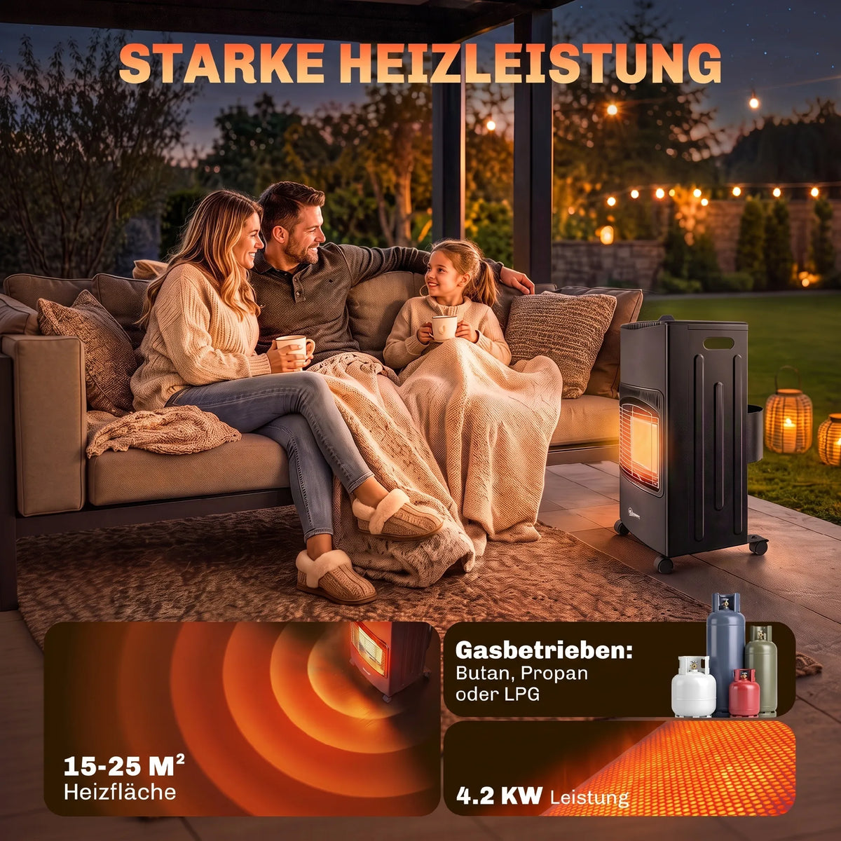 Lauko dujinis šildytuvas, 1,5–4,2 kW, sulankstomas, su ratukais