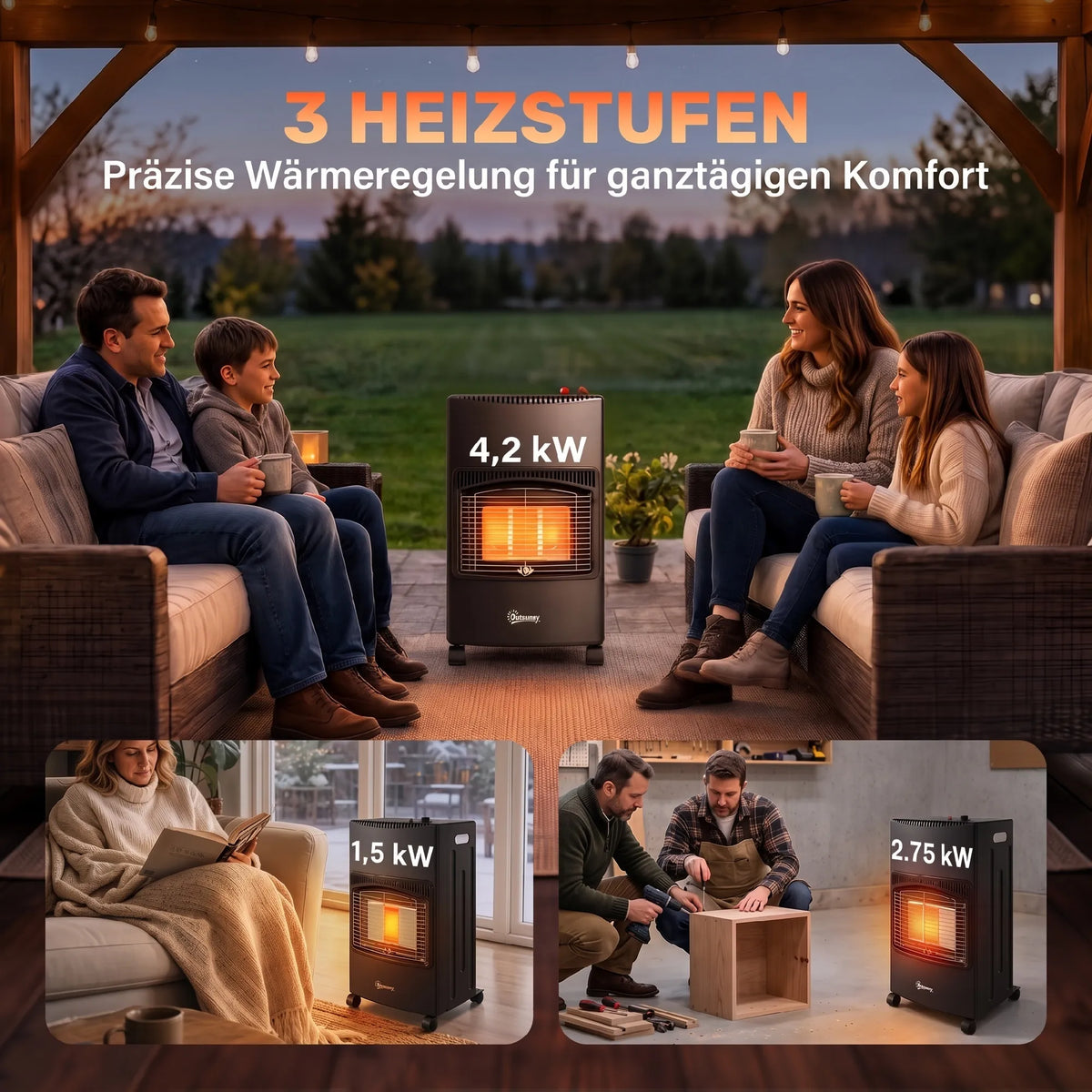 Lauko dujinis šildytuvas, 1,5–4,2 kW, sulankstomas, su ratukais