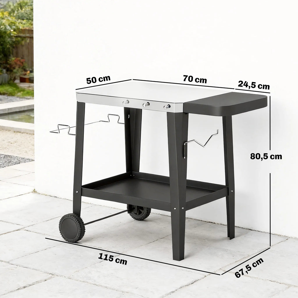 Lauko grilio staliukas su ratukais nerūdijančio plieno stalviršiu 115x67,5x80,5 cm juodas