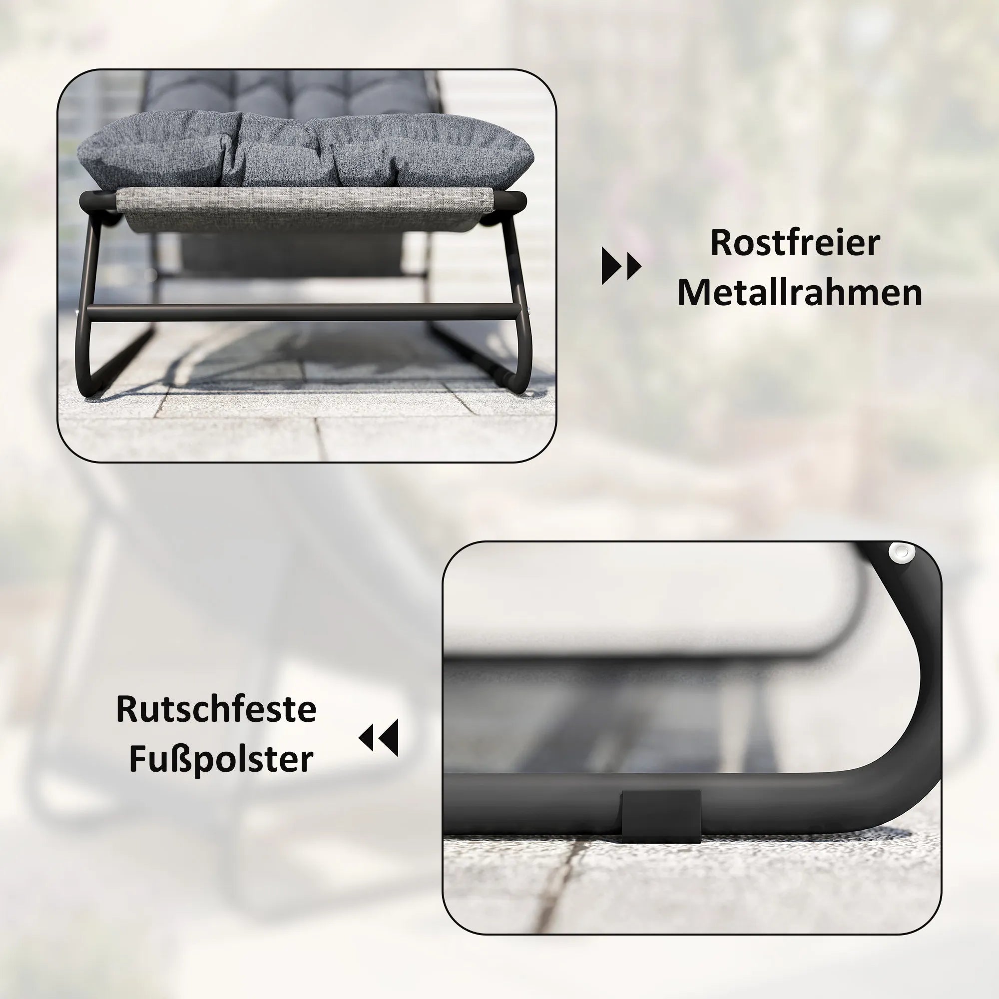 Lauko kėdė su kojų atrama, poilsio krėslas su 13 cm pagalve, iki 120 kg, tamsiai pilka
