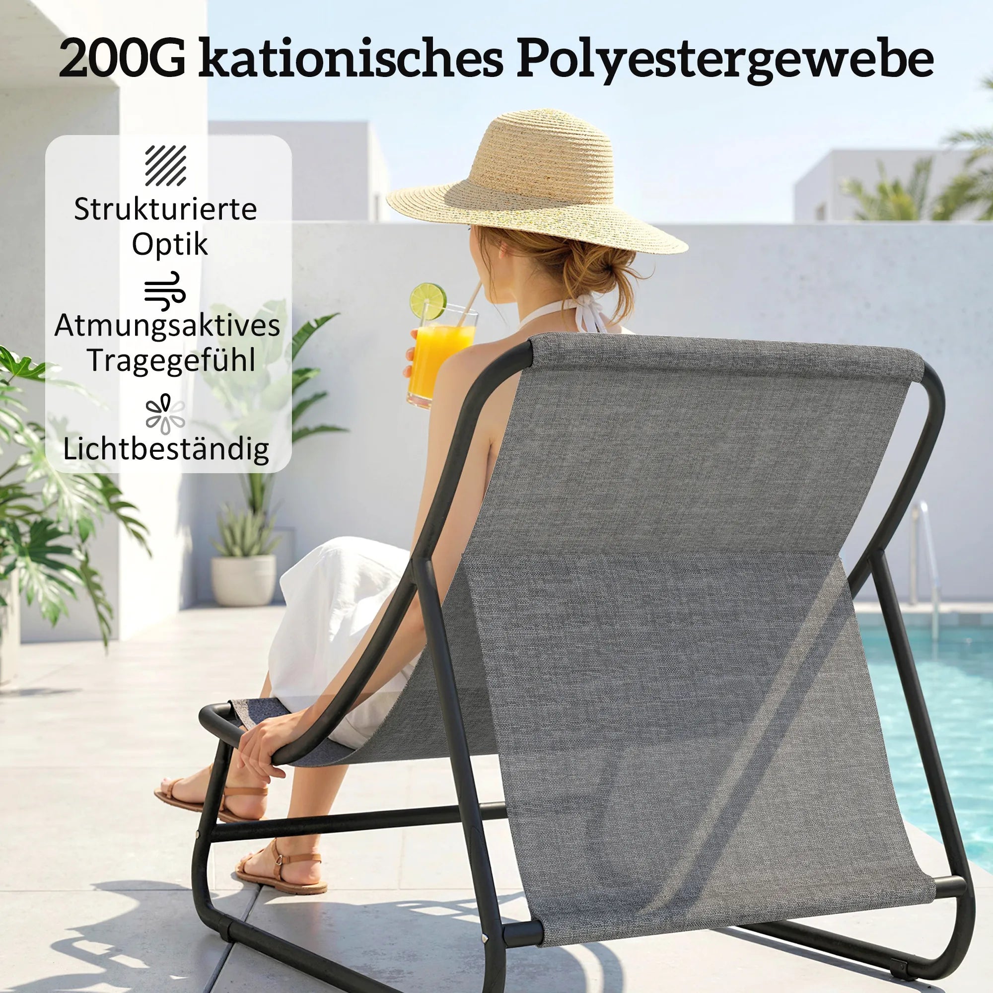 Lauko kėdė su kojų atrama, poilsio krėslas su 13 cm pagalve, iki 120 kg, tamsiai pilka