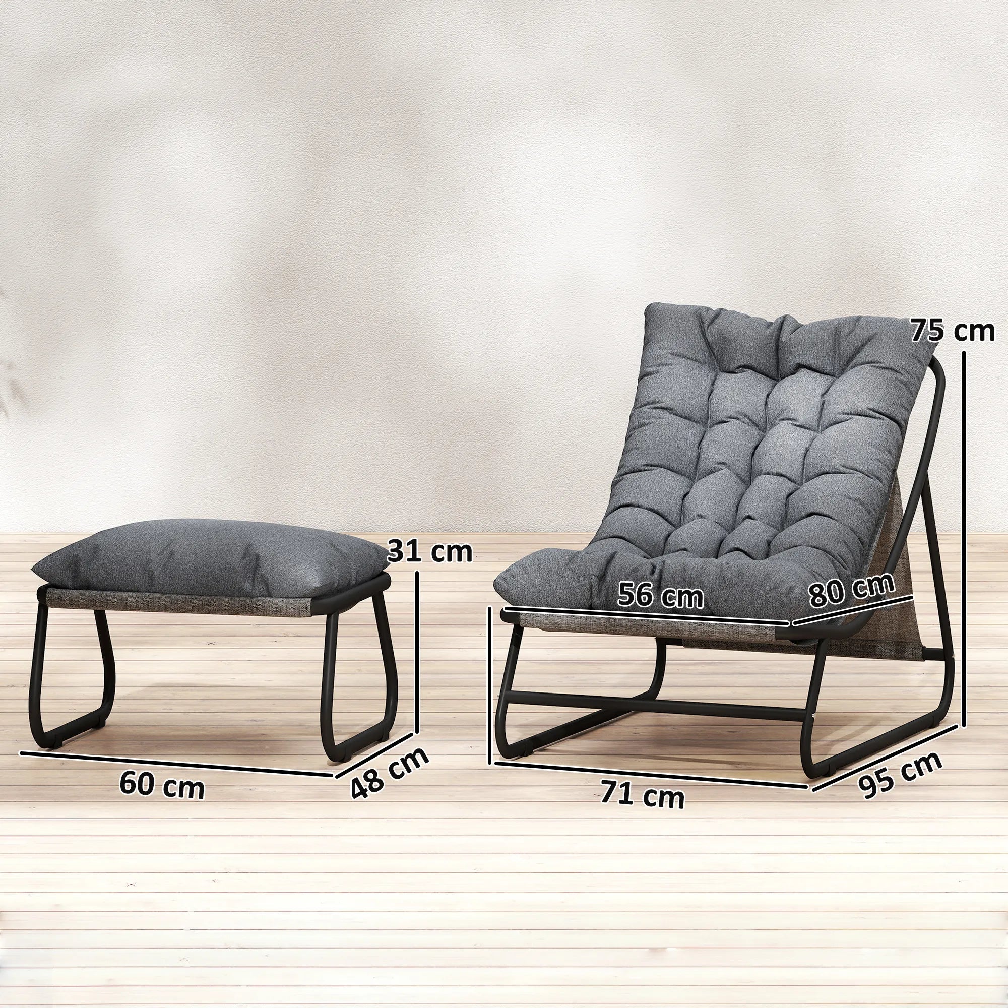 Lauko kėdė su kojų atrama, poilsio krėslas su 13 cm pagalve, iki 120 kg, tamsiai pilka