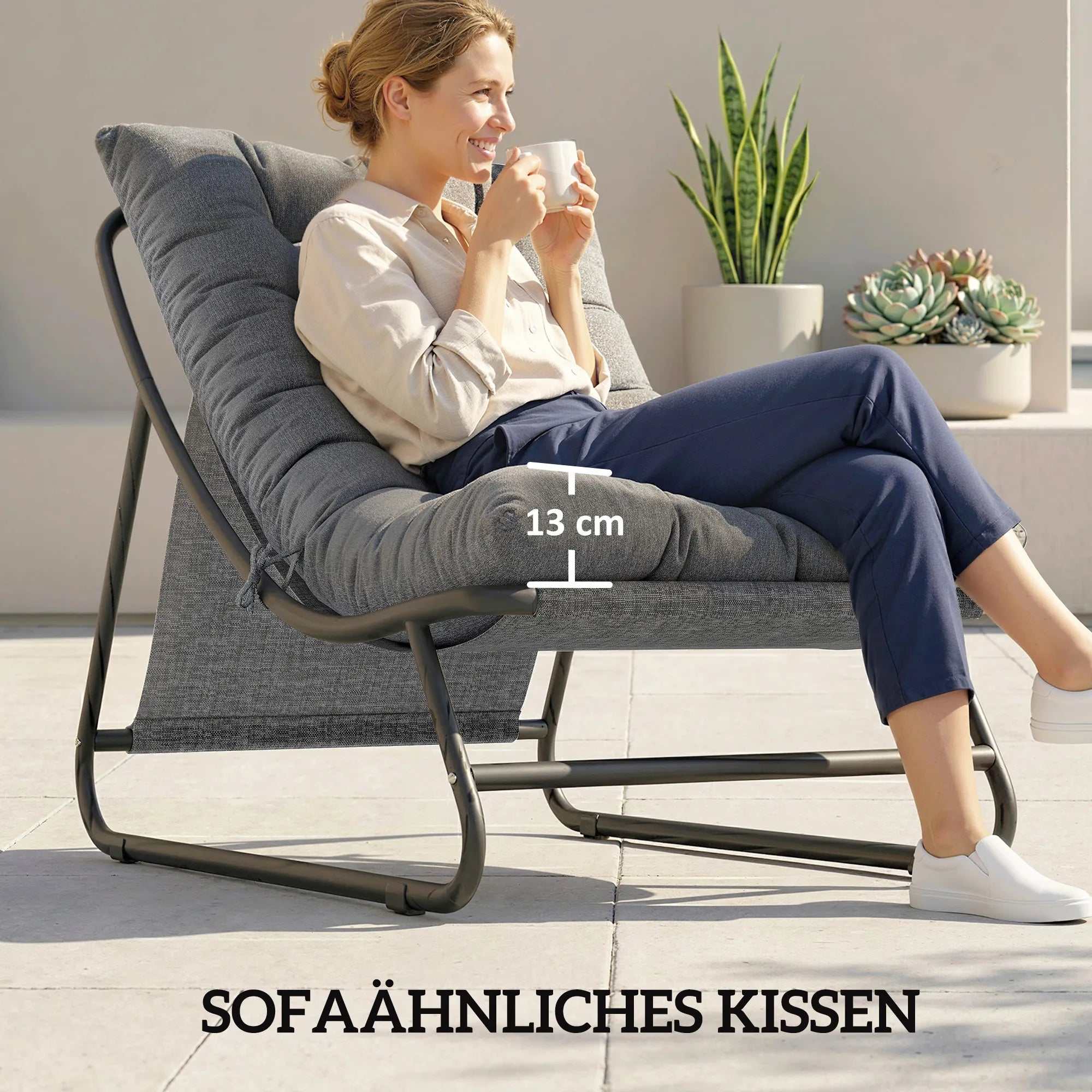 Lauko kėdė su kojų atrama, poilsio krėslas su 13 cm pagalve, iki 120 kg, tamsiai pilka