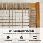Pintos sėdynės pynimo tekstūra iš arti, matomas medinio rėmo kampas
