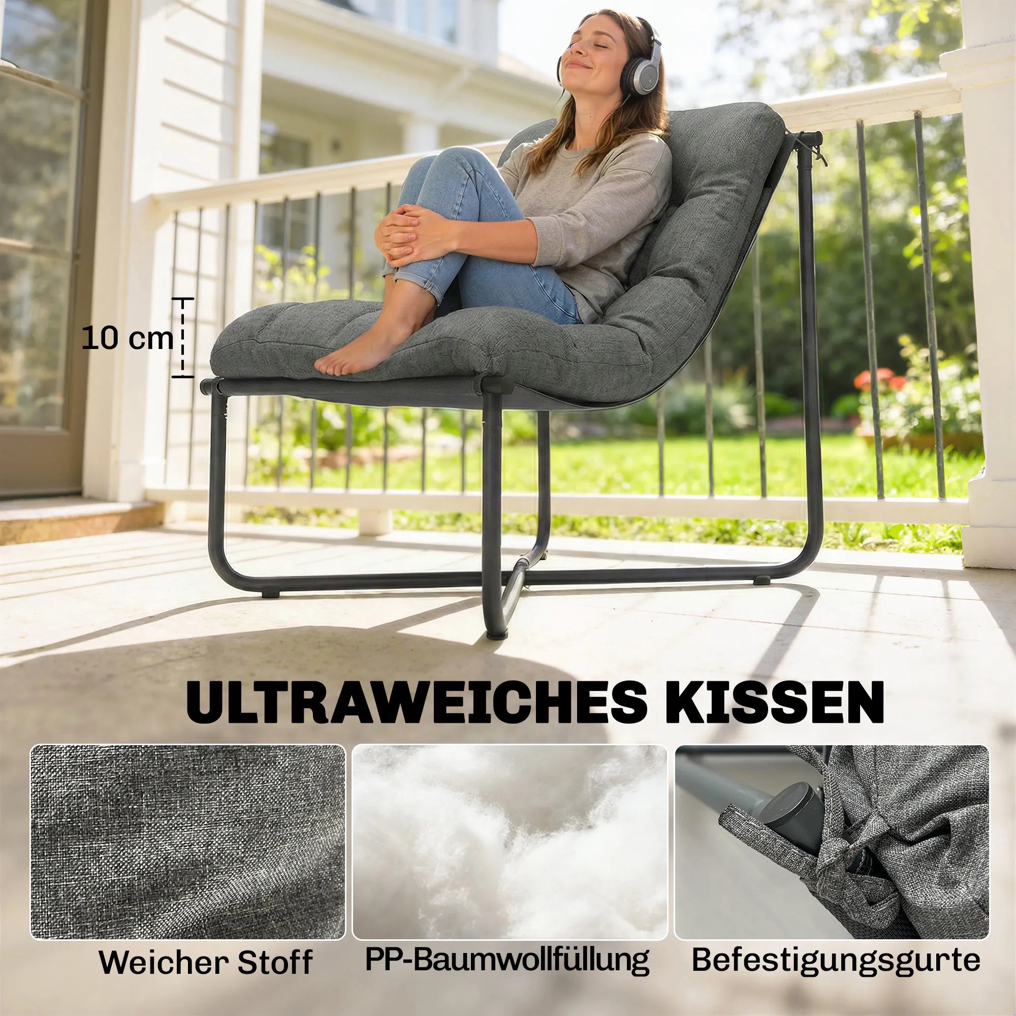 Lauko krėslas 120 kg, ergonomiškas, su minkšta pagalve, 67 cm pločio, tamsiai pilkas