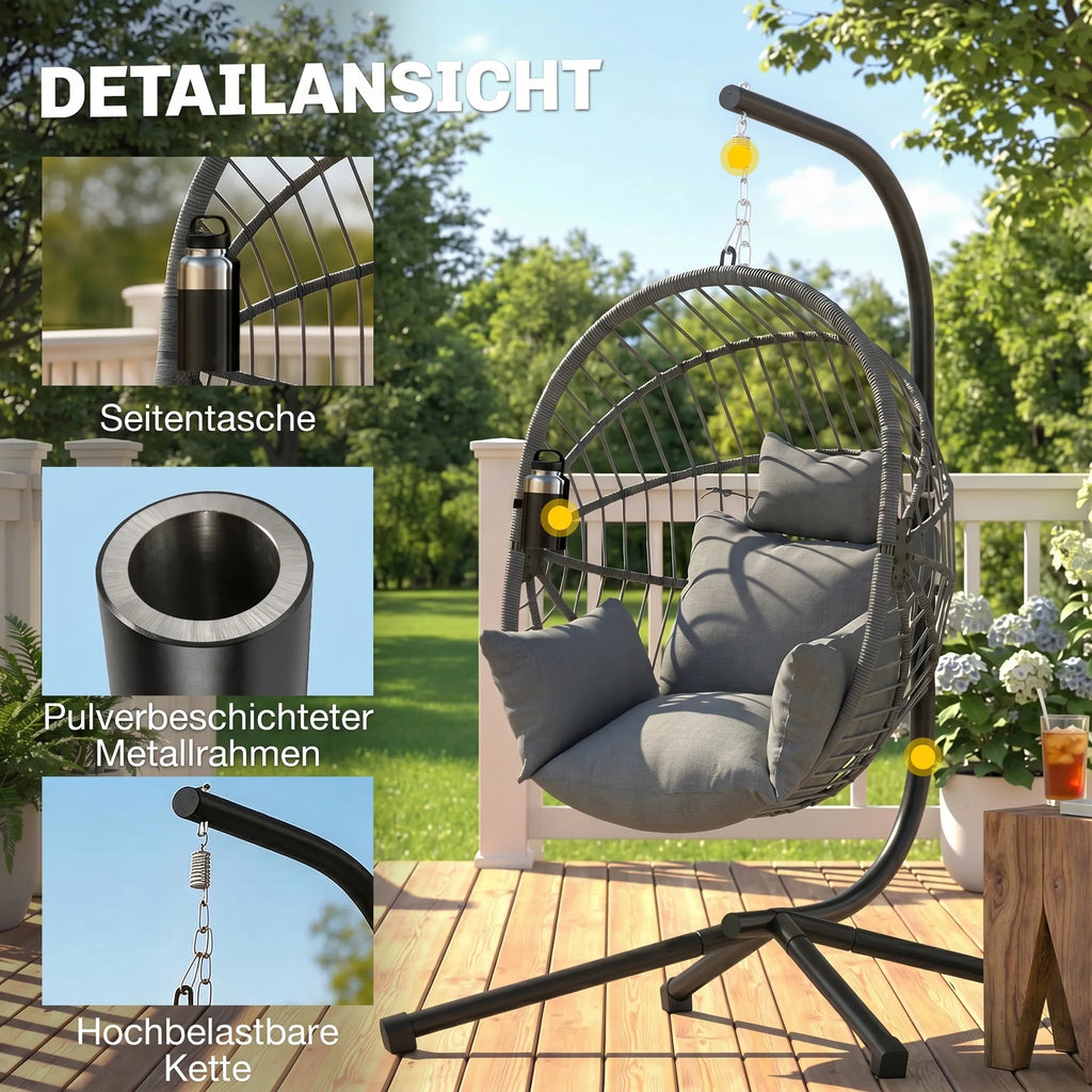 Lauko pakabinamas krėslas Pakabinamas krėslas, su pagalvėle, „Egg-Chair“, 120 cm x 106 cm x 188 cm,  pilkos spalvos