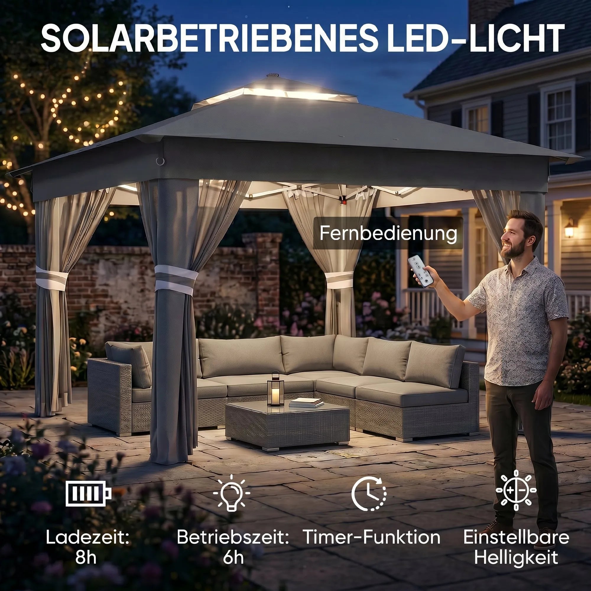 Lauko pavėsinė su LED apšvietimu saulės energija 336x336 cm pilka