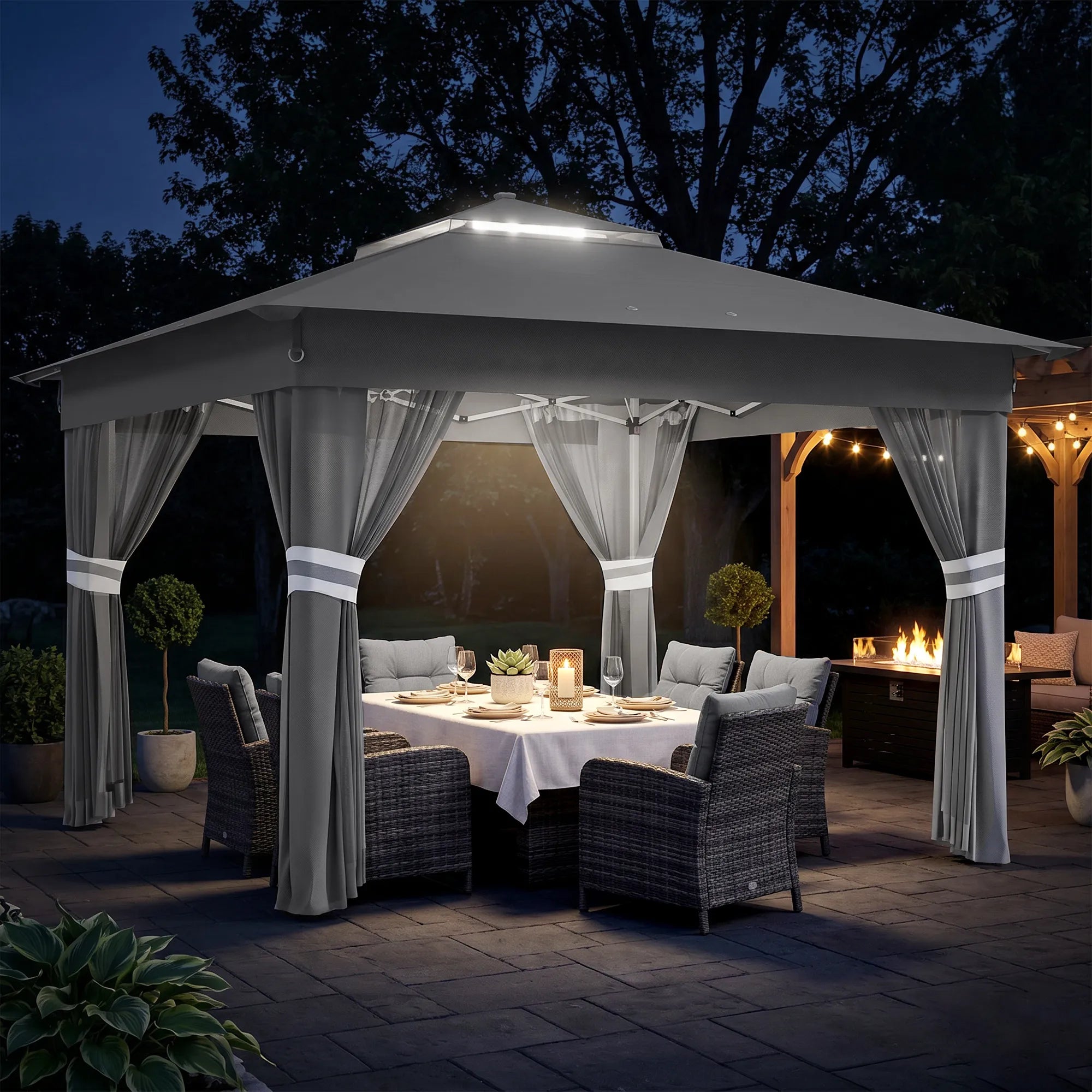 Lauko pavėsinė su LED apšvietimu saulės energija 336x336 cm pilka