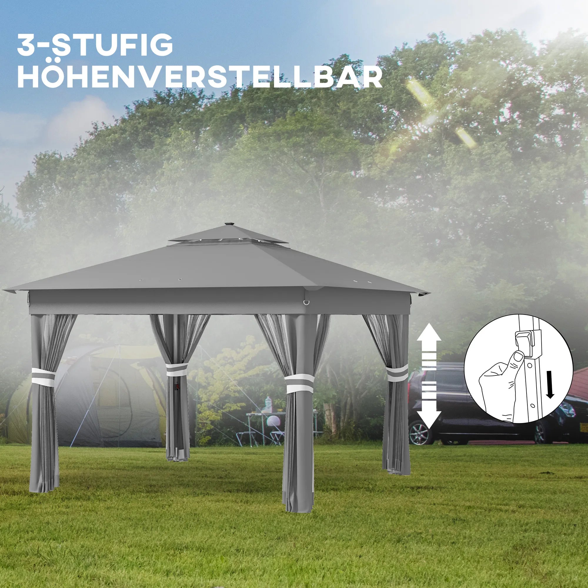 Lauko pavėsinė su LED apšvietimu saulės energija 336x336 cm pilka