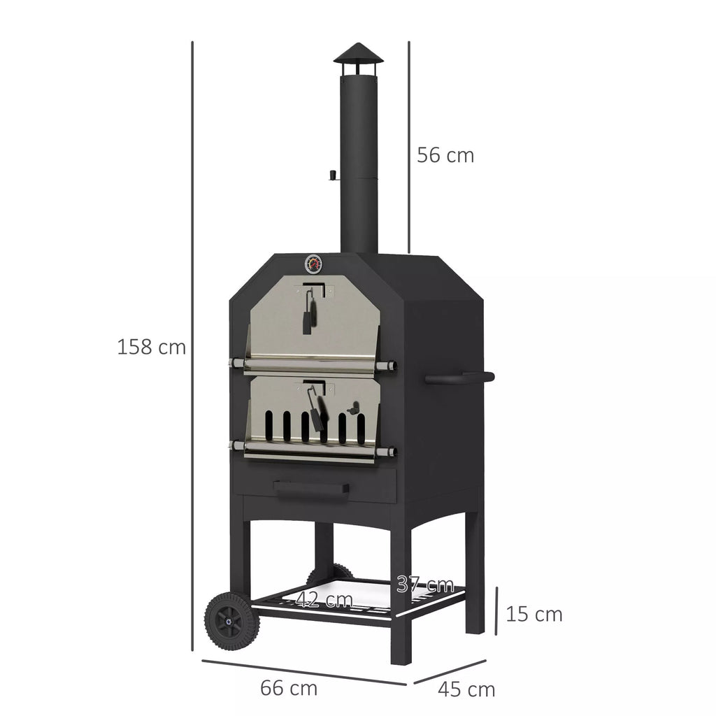 Lauko picos krosnis 2-in-1, su picos akmenimi, termometru, juoda