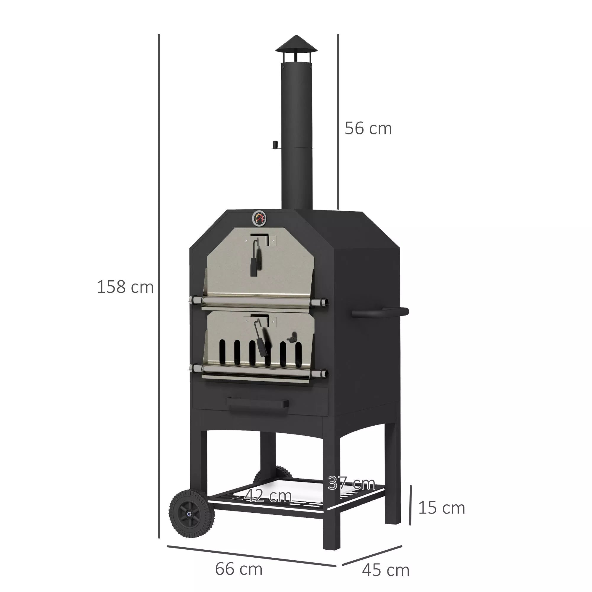 Lauko picos krosnis 2-in-1, su picos akmenimi, termometru, juoda