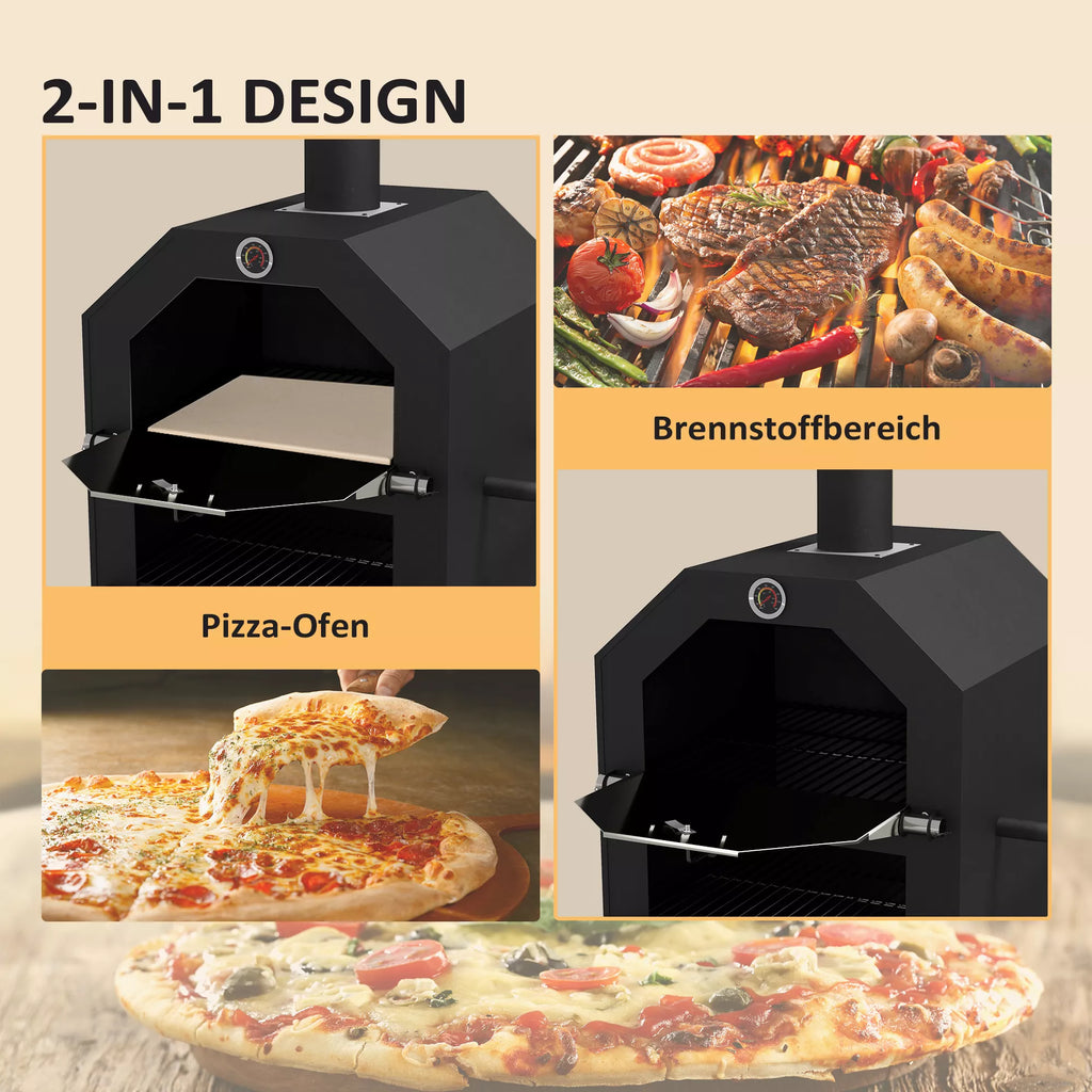 Lauko picos krosnis 2-in-1, su picos akmenimi, termometru, juoda