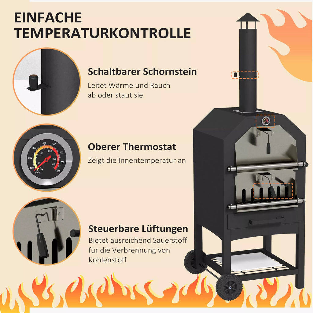 Lauko picos krosnis 2-in-1, su picos akmenimi, termometru, juoda