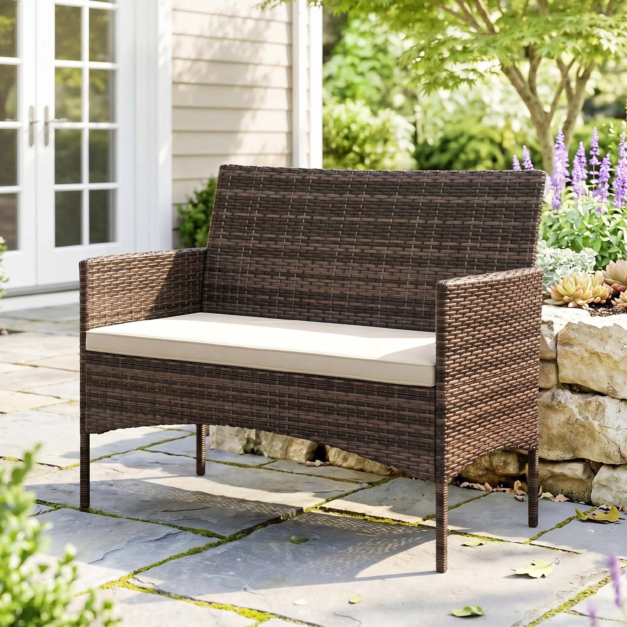 Lauko sofa iš poliratano dvivietė 115x63x85 cm ruda